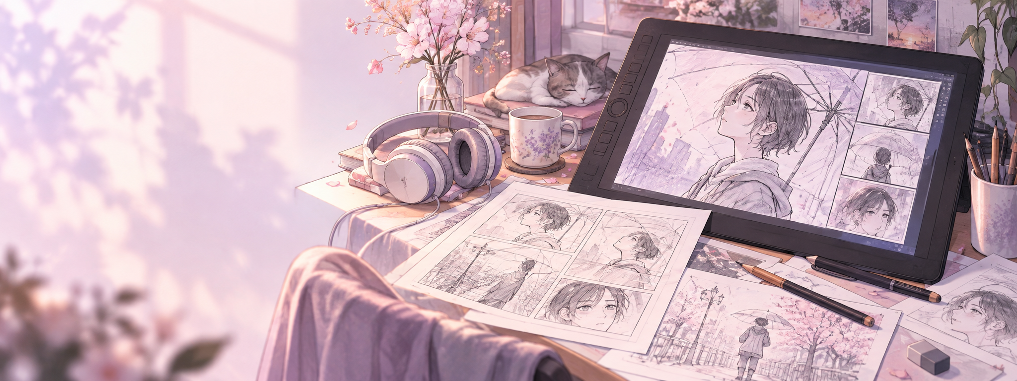 粉紫色漫画工作台，分镜纸、绘图屏和耳机展示从画格到声音的创作环节；AI生成教学插画